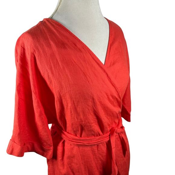 Saint James Wrap Dress Orange Linen Logo Lined S/S Beachy Preppy Size US 12 44F - Picture 10 of 14